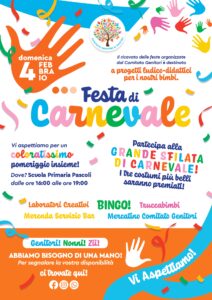 Il Comitato Genitori organizza l’evento: “FESTA DI CARNEVALE!” – Domenica 4 febbraio – Scuola Primaria PASCOLI